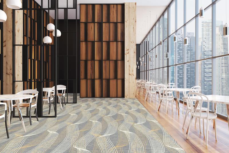 Wavy Brintons QuickWeave carpet design in soft tones from Unity palette in bar lounge area